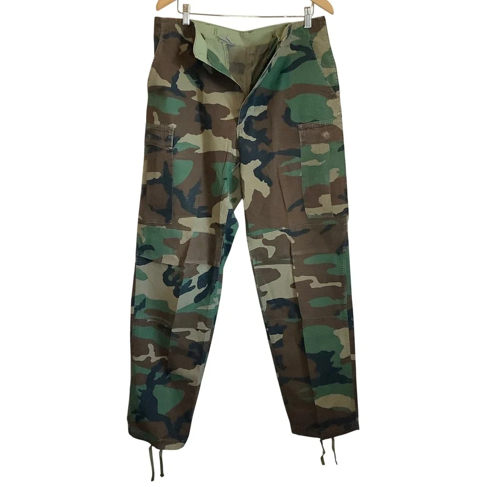Military Woodland Camo Cargo Pants Mens Medium Long Ripstop Button Fly BDU